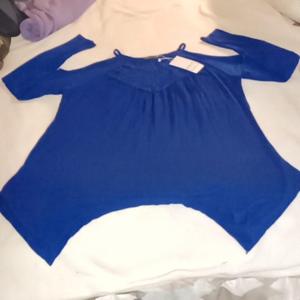 Miholl LG.  Blue Open Shoulder Long Sleeve Blouse